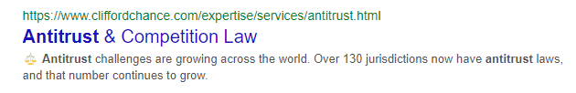 Google search image of Antitrust & Competition Law, showing meta description with a scale emoji at the start.
