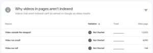 Screenshot of Search Console message stating why videos can’t be indexed due to ‘video outside the viewpoint’, ‘video too small’, and ‘video too tall