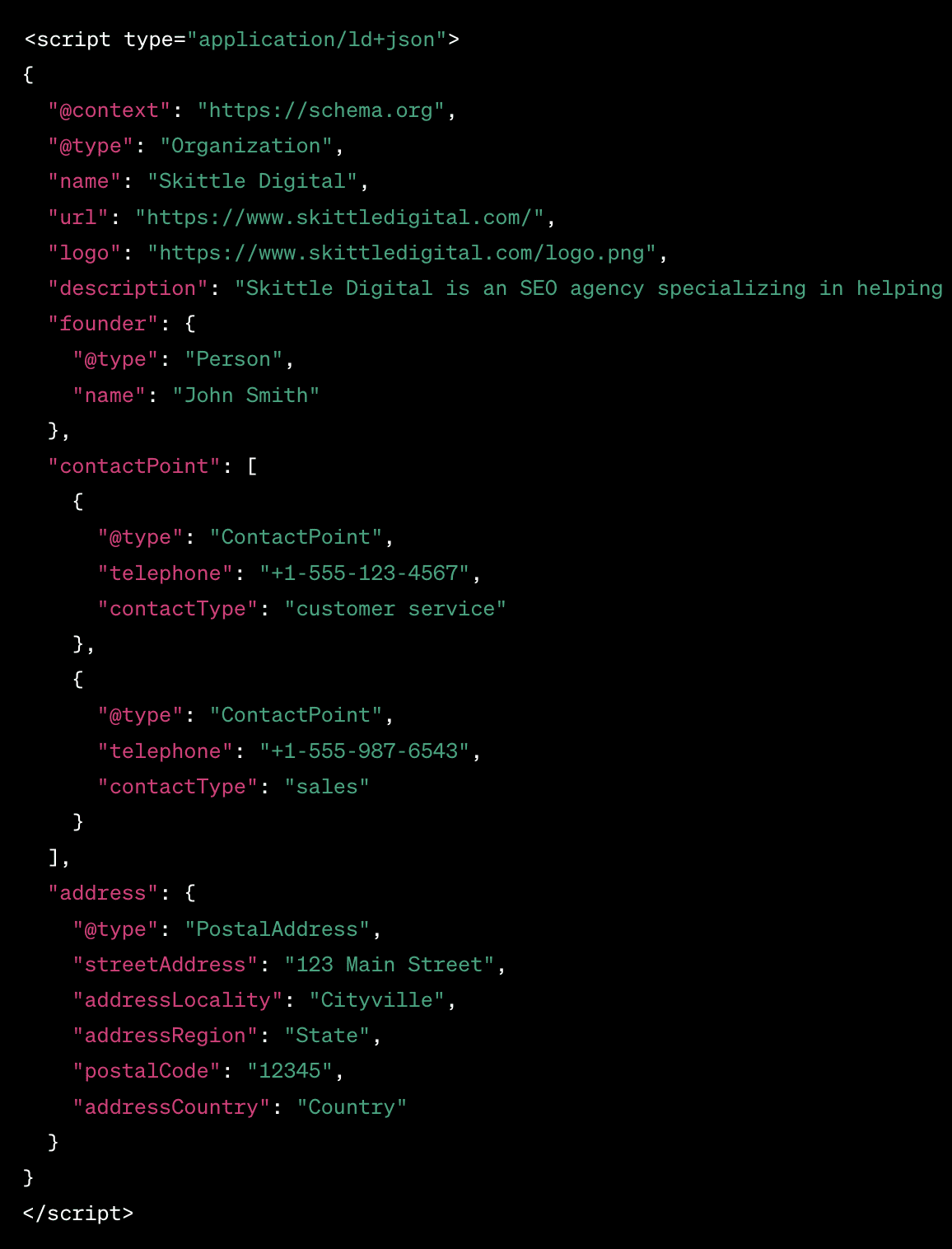 An example of JSON-LD schema for Skittle Digital.