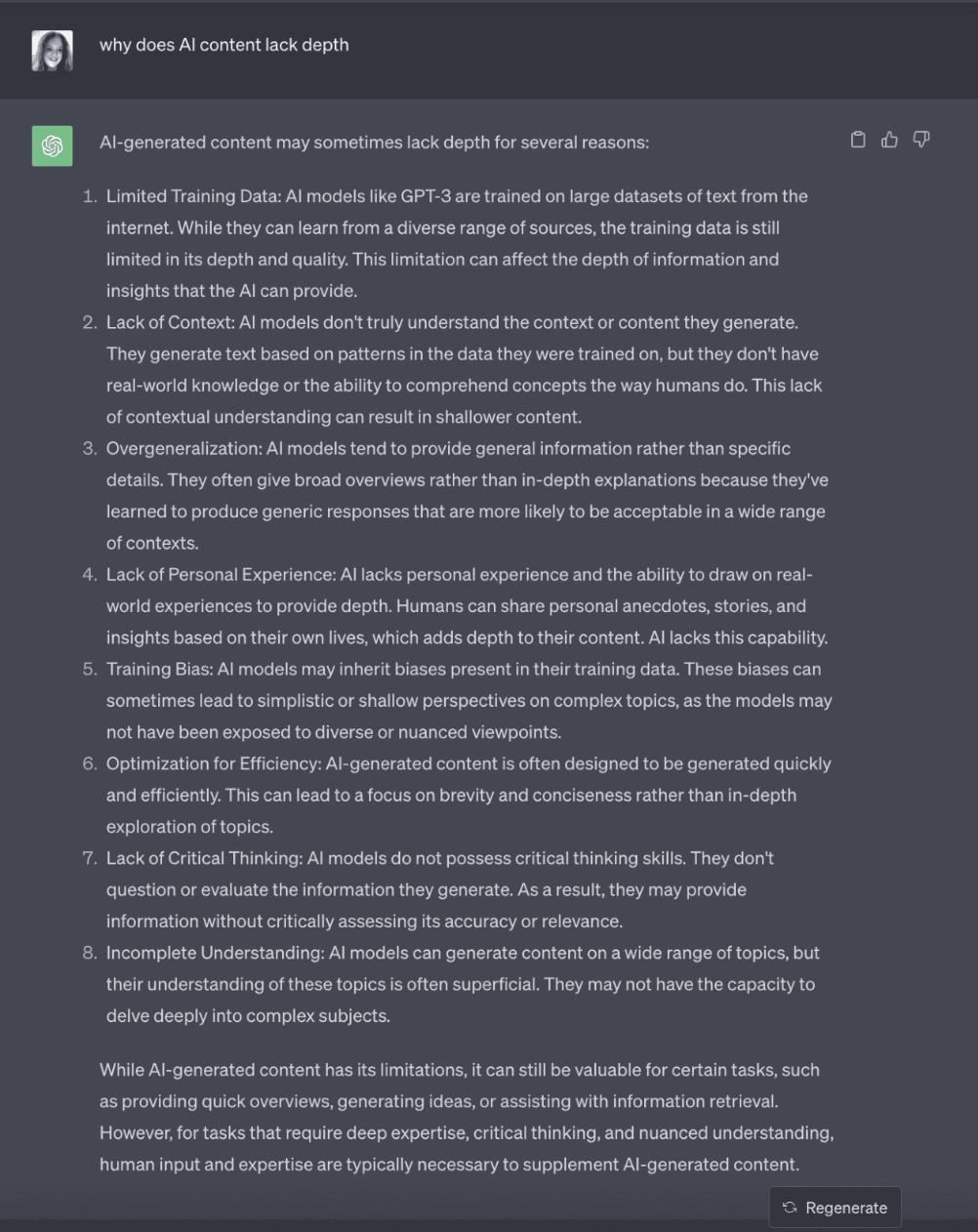 User asking Chat GPT why AI content lacks depth, chat responds with points including limited data training, lack of context, overgeneralisation, and lack of personal experience.