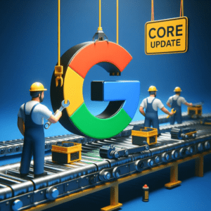 The Google logo is under construction on a conveyor belt with a sign that reads 'core update'