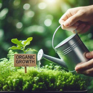 Person watering a plant saying organic growth.