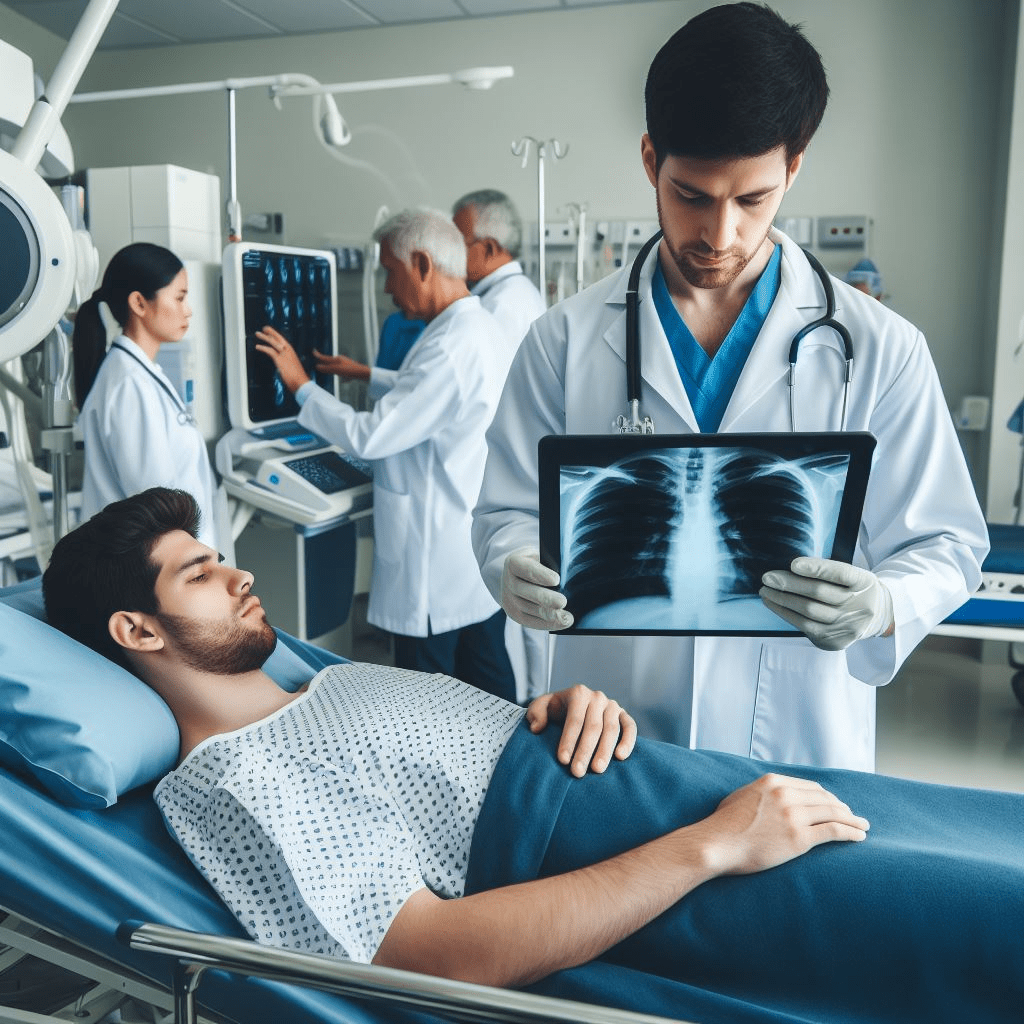 a man lying in a hospital bed while a doctor shows him an x-ray