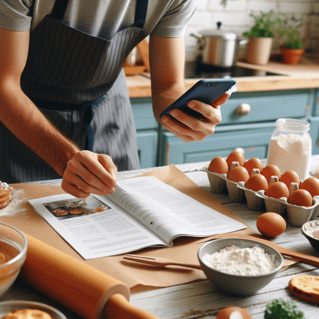 a person banking while checking their phone for the recipe