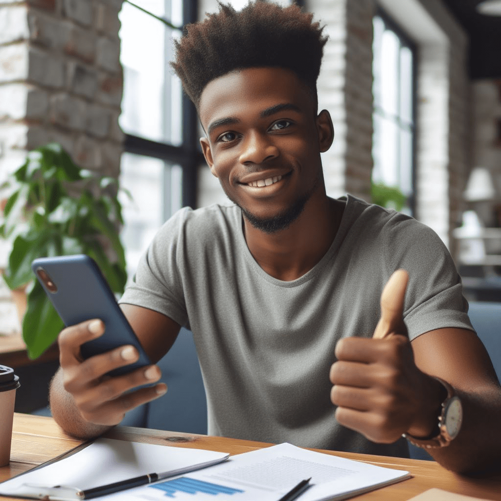 A man reading an article on a mobile phone and giving it a thumbs up