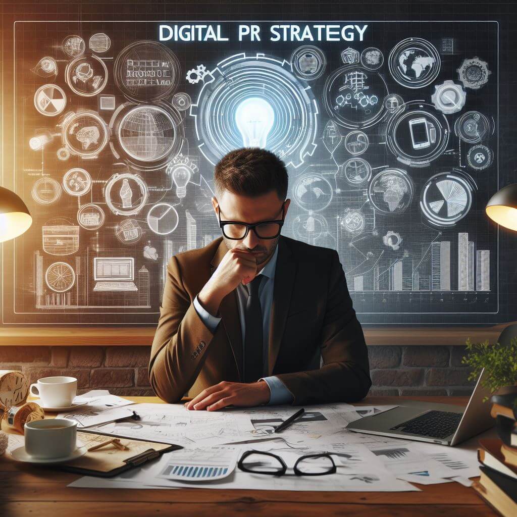 man sat at a desk with a blue print saying digital PR strategy behind him.